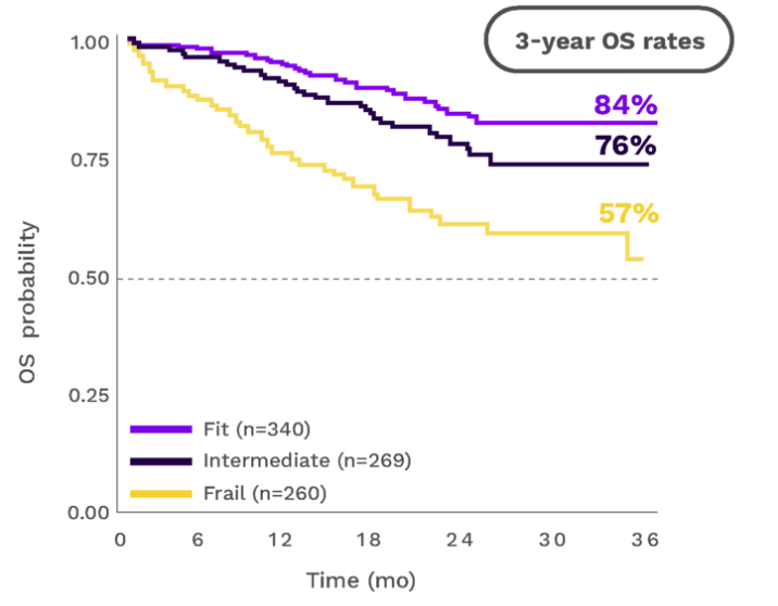 Chart showing 3-year overall survival probability by IMWG frailty score.